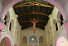 Ouagadougou, Burkina Faso: interior of the Catholic Cathedral of the Immaculate Conception of Ouagadougou / Cathédrale de l'Immaculée-Conception de Ouagadougou - nave with crucifix hanging from a roof truss - photo by M.Torres